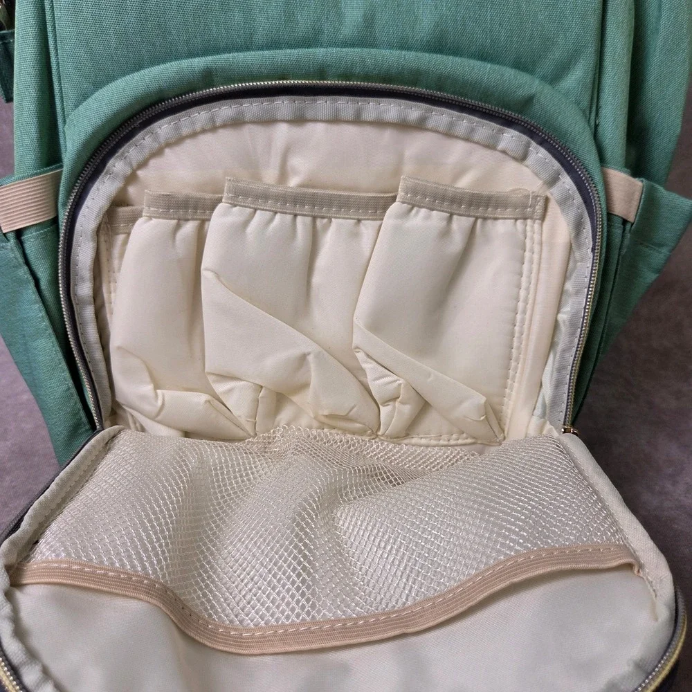 Taylor'd Baby Diaper Bag Backpack Green Canvas Travel Organizer Gold Hardware